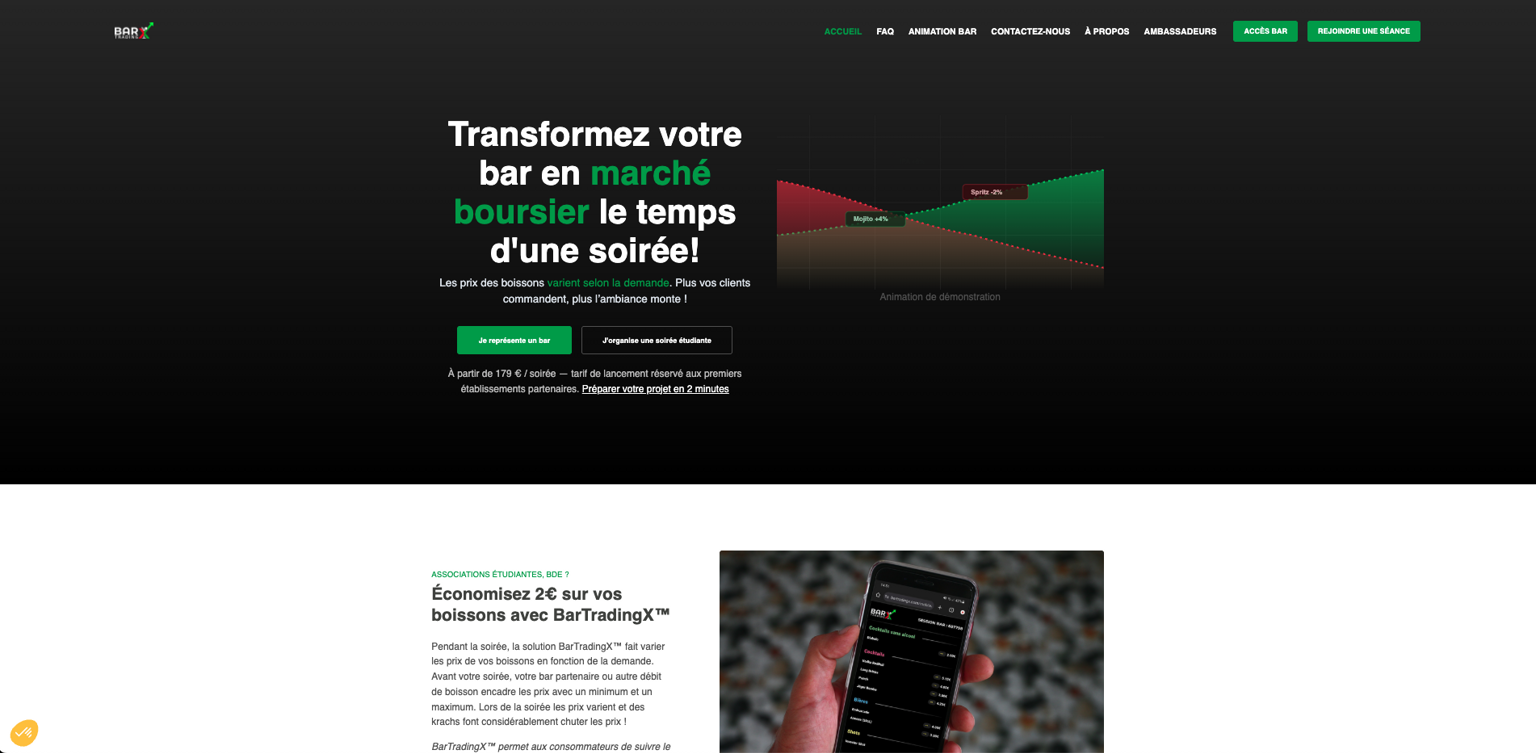 Landing page du BarTradingX